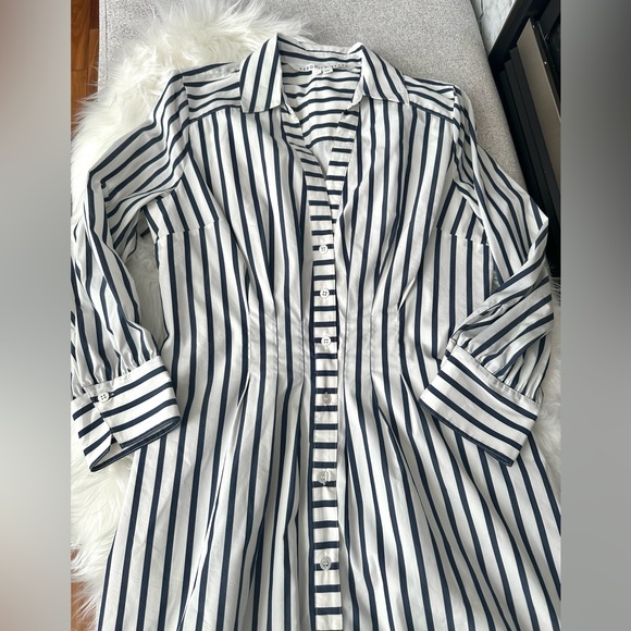 A-Line Veronica Beard Cinched Waist Button Up Striped Long Sleeve Blouse Dress - Picture 2 of 6